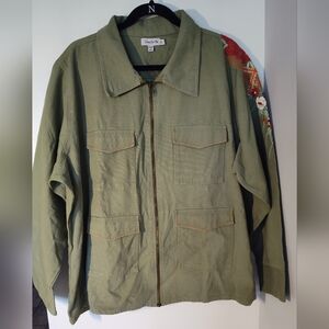 Green Zip-Up Jacket with Embroidered Sleeve Size 3X #583